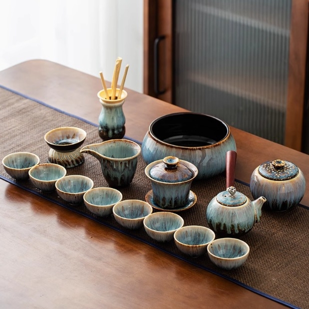Set de ceai Kung Fu cu ceainic cu mâner lateral și cești, ceramică, glazură Tianmu, pentru servire acasă și la birou