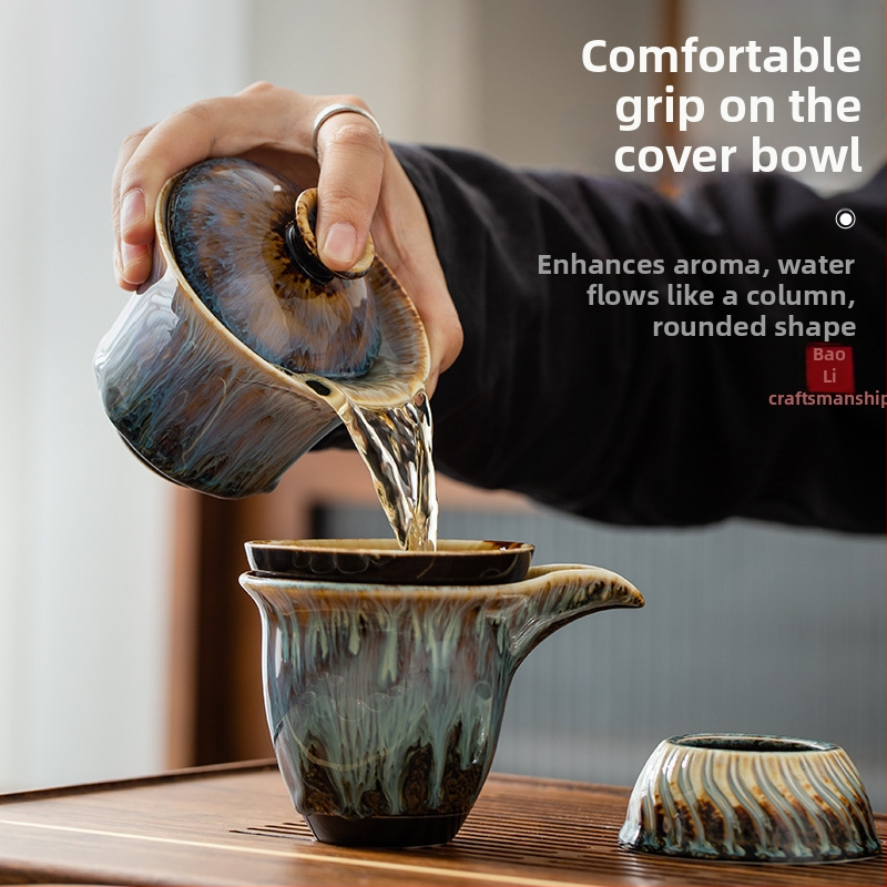 Set de ceai Kung Fu cu ceainic cu mâner lateral și cești, ceramică, glazură Tianmu, pentru servire acasă și la birou