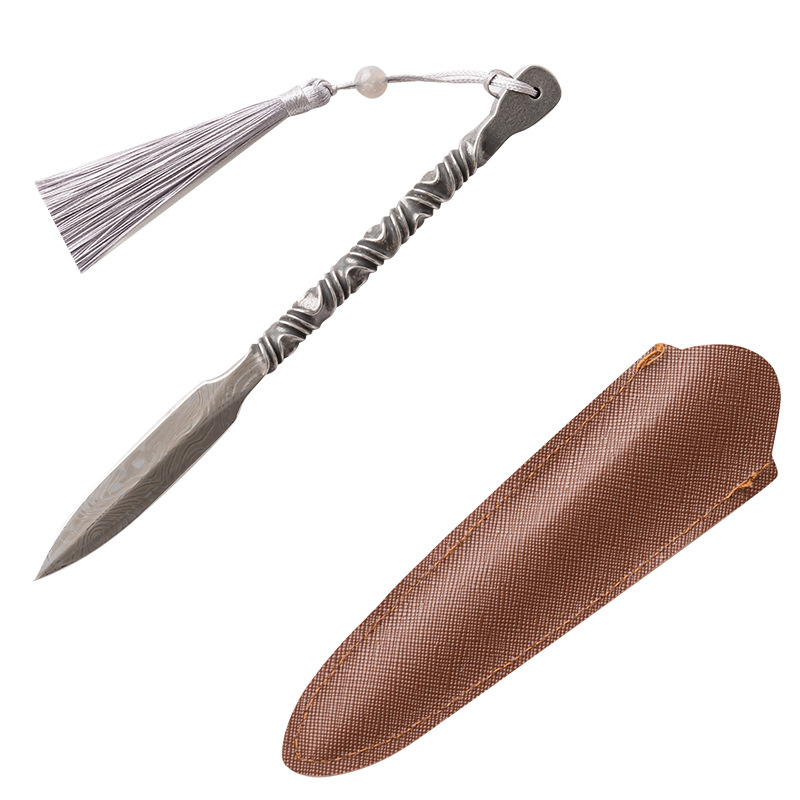 Cuțit pentru ceai din oțel inoxidabil 304, finisaj irizant Pu'er presat ceai, husă din piele și ciucuri decorative, accesorii pentru ceremonia ceaiului