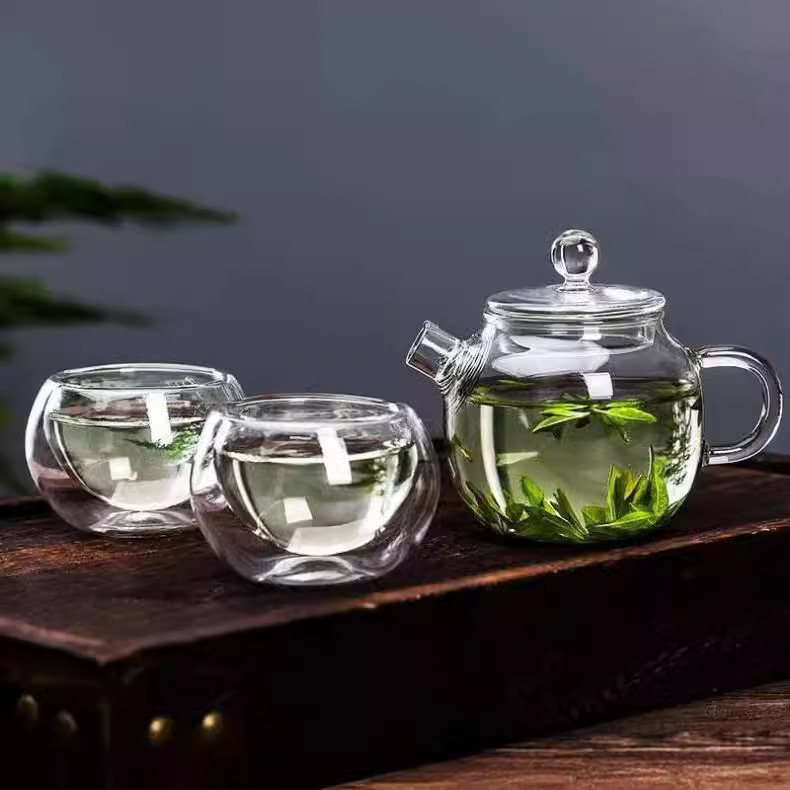 Ceainic mini floral, din sticlă borosilicat rezistentă la căldură, cu mâner de sticlă și filtru integrat