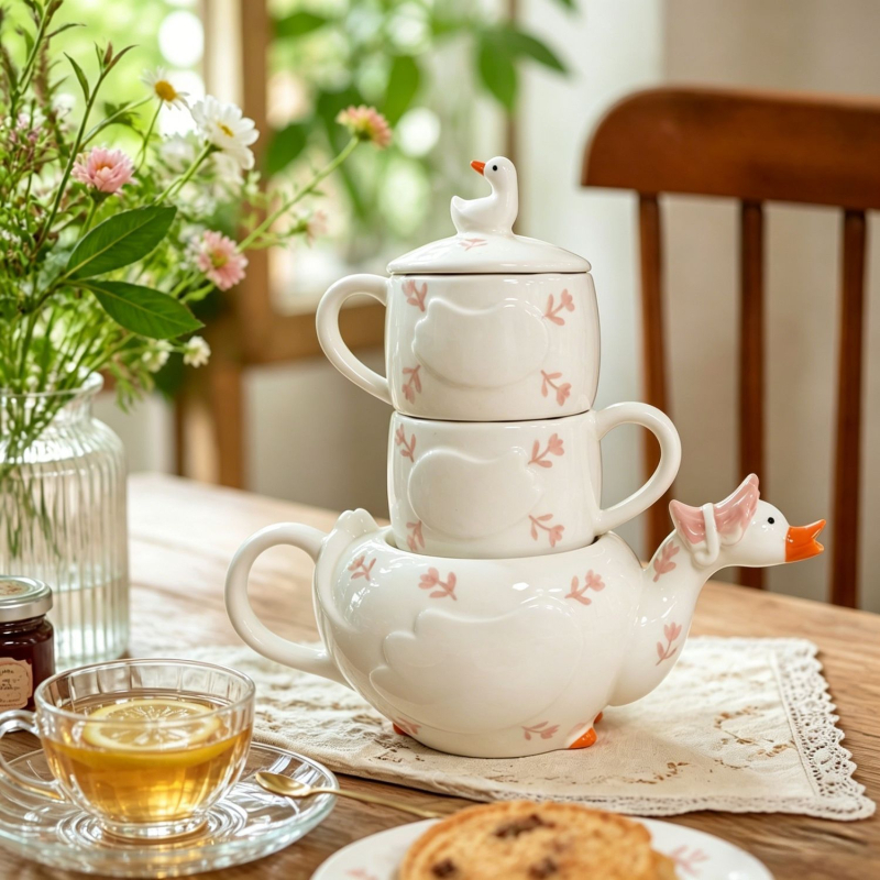 Xinming set ceramic de ceai cu ceainic și cești, pentru uz casnic, design drăguț cu flori, cadou creativ pentru ceai