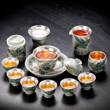Set de ceai din argint 999 cu căni ceramice, pentru uz casnic, lucrat manual cu pictură argintie, cadou de lux pentru wellness