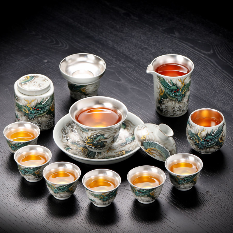 Set de ceai din argint 999 cu căni ceramice, pentru uz casnic, lucrat manual cu pictură argintie, cadou de lux pentru wellness