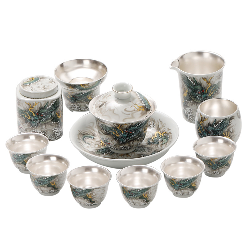 Set de ceai din argint 999 cu căni ceramice, pentru uz casnic, lucrat manual cu pictură argintie, cadou de lux pentru wellness
