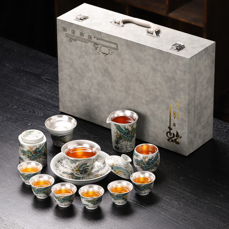 Set de ceai din argint 999 cu căni ceramice, pentru uz casnic, lucrat manual cu pictură argintie, cadou de lux pentru wellness