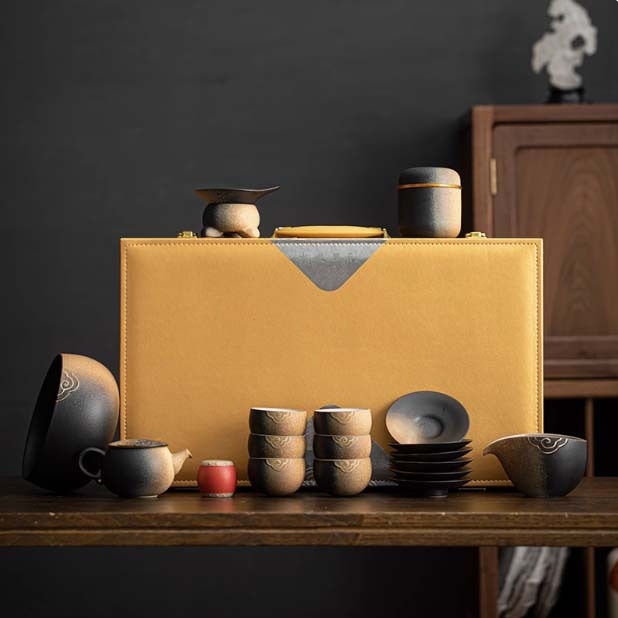 Set de ceainic retro cu gradient, cu căni din ceramică grosieră – set Kung Fu de ceai, set complet pentru acasă într-o cutie cadou