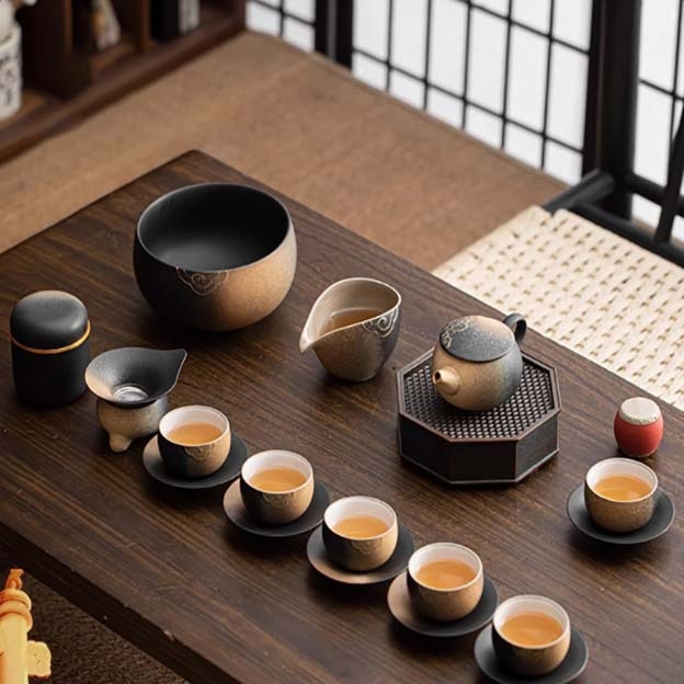 Set de ceainic retro cu gradient, cu căni din ceramică grosieră – set Kung Fu de ceai, set complet pentru acasă într-o cutie cadou
