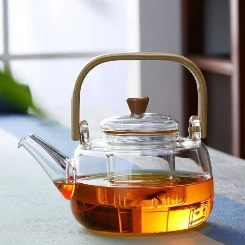 Ceainic din sticlă, mâner din bambus gros, pentru plită electrică ceramică, filtru pentru ceai cu flori, set de ceai