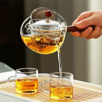 Ceainic cu mâner lateral rotativ la 360°, din sticlă borosiliată rezistentă la temperaturi înalte, pentru ceaiuri florale, set special pentru ceai de mandarină