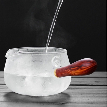 Ceainic cu mâner lateral rotativ la 360°, din sticlă borosiliată rezistentă la temperaturi înalte, pentru ceaiuri florale, set special pentru ceai de mandarină