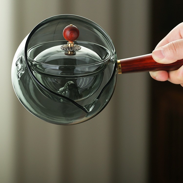 Ceainic cu mâner lateral rotativ la 360°, din sticlă borosiliată rezistentă la temperaturi înalte, pentru ceaiuri florale, set special pentru ceai de mandarină