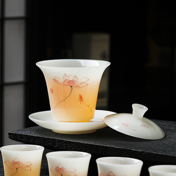 Set de ceai cu lotus, pictat manual, ceramic, glazură inspirată de jad, cutie cadou, pentru 7-9 persoane