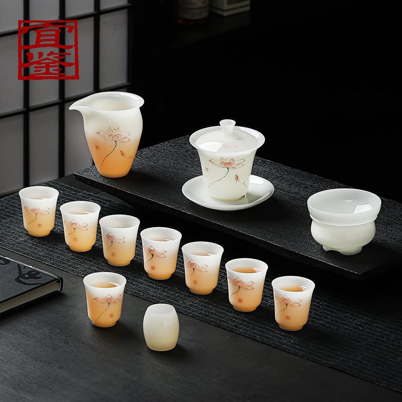 Set de ceai cu lotus, pictat manual, ceramic, glazură inspirată de jad, cutie cadou, pentru 7-9 persoane