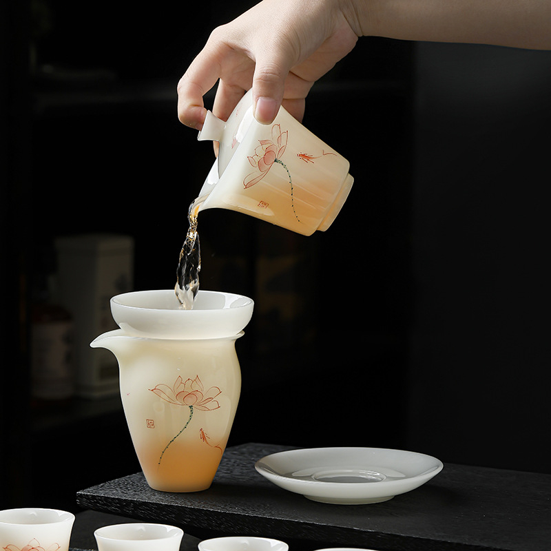 Set de ceai cu lotus, pictat manual, ceramic, glazură inspirată de jad, cutie cadou, pentru 7-9 persoane