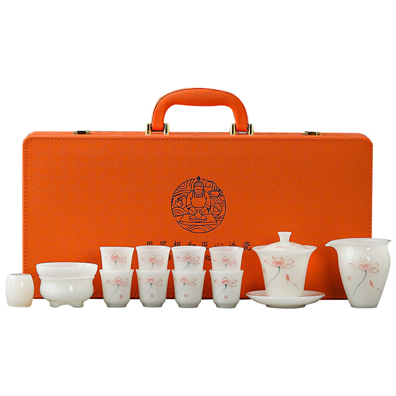 Set de ceai cu lotus, pictat manual, ceramic, glazură inspirată de jad, cutie cadou, pentru 7-9 persoane