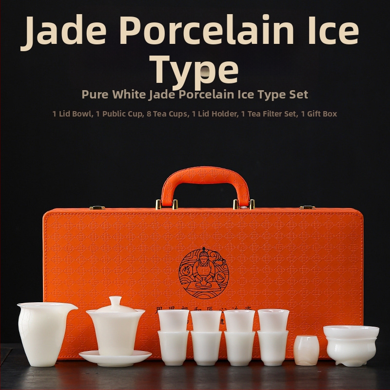 Set de ceai cu lotus, pictat manual, ceramic, glazură inspirată de jad, cutie cadou, pentru 7-9 persoane