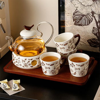 Ceainic ceramic cu flori, încălzire cu lumânare, set de ceai de după-amiază pentru ceai de flori și fructe, cești rezistente la temperatură, set de apă, cutie cadou