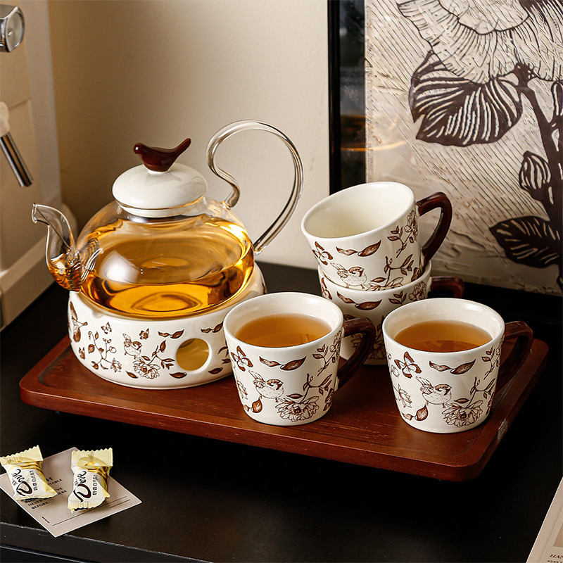 Ceainic ceramic cu flori, încălzire cu lumânare, set de ceai de după-amiază pentru ceai de flori și fructe, cești rezistente la temperatură, set de apă, cutie cadou