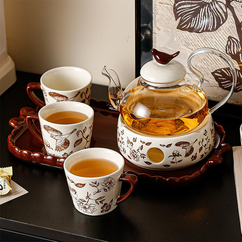Ceainic ceramic cu flori, încălzire cu lumânare, set de ceai de după-amiază pentru ceai de flori și fructe, cești rezistente la temperatură, set de apă, cutie cadou