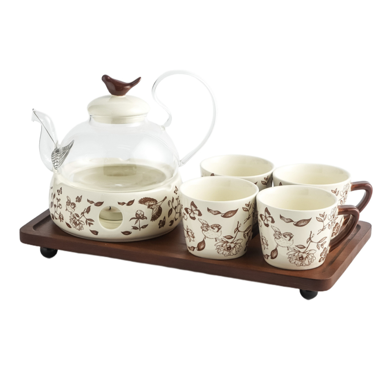 Ceainic ceramic cu flori, încălzire cu lumânare, set de ceai de după-amiază pentru ceai de flori și fructe, cești rezistente la temperatură, set de apă, cutie cadou