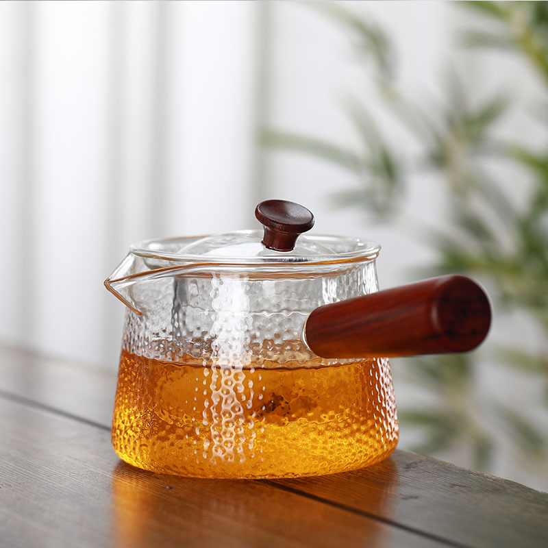 Ceainic din sticlă cu mâner din lemn, rezistent la temperaturi înalte, set de ceai cu flori și filtru