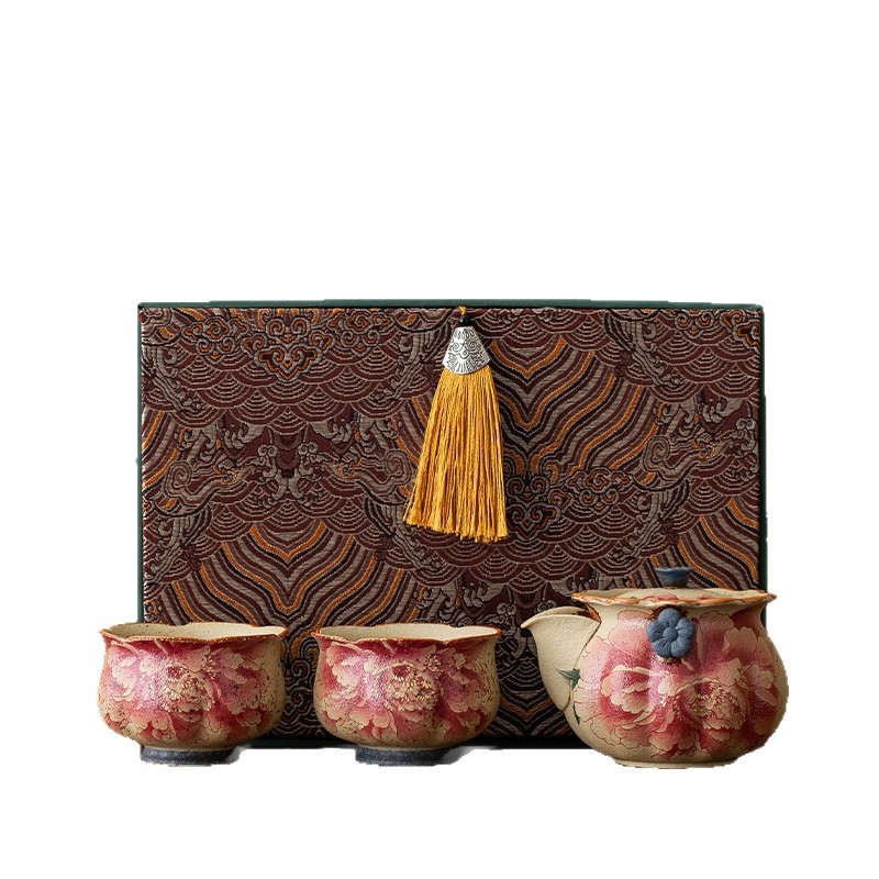 Set Gongfu ceainic cu bujor în albastru și alb, glazură roșie, ceainic cu mâner și două căni, stil retro, cutie cadou