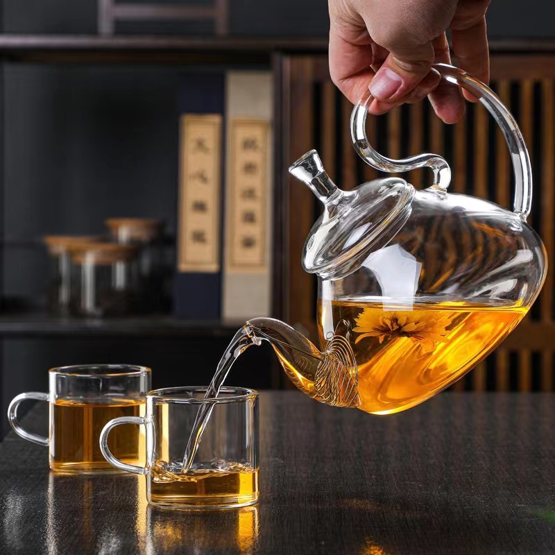 Ceainic din sticlă borosilicat rezistentă la căldură, transparent și cu pereți groși, pentru uz casnic, ceainic pentru ceai de flori, mâner înalt, ceainic Kung Fu