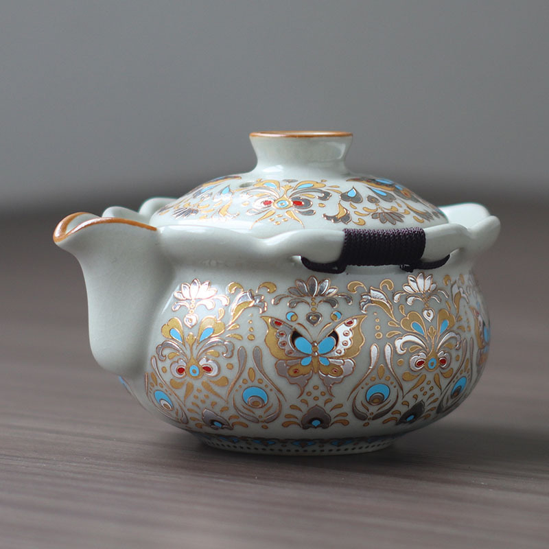 Ceainic Huangru în stil chinezesc nou, cu mâner, cu fluture auriu, sticluță ceramică-comoară, set de ceai Kung-Fu vintage, calitate superioară, cu glazură crăpată