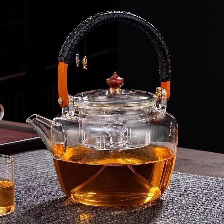 Ceainic Zen din sticlă borosilicat de înaltă rezistență la temperatură, mâner din bambus, pentru prepararea ceaiului