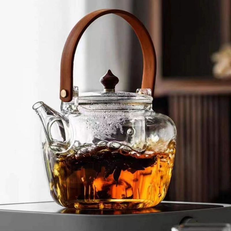 Ceainic Zen din sticlă borosilicat de înaltă rezistență la temperatură, mâner din bambus, pentru prepararea ceaiului
