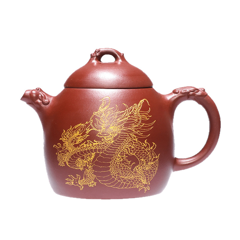 Ceainic din lut purpuriu pentru Gongfu ceai – dragon și phoenix, design norocos, set complet ambalat în cutie cadou pentru uz casnic, capacitate 3–5 cești