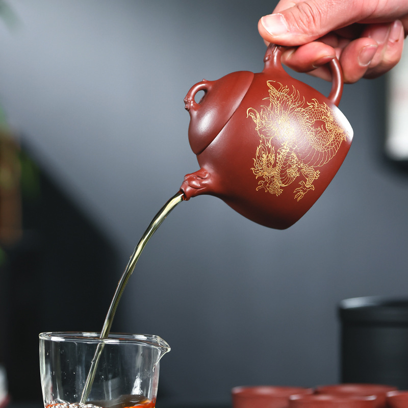 Ceainic din lut purpuriu pentru Gongfu ceai – dragon și phoenix, design norocos, set complet ambalat în cutie cadou pentru uz casnic, capacitate 3–5 cești