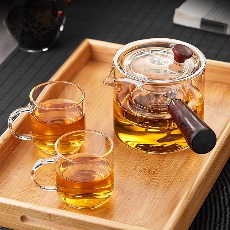 Ceainic din sticlă borosilicat de înaltă rezistență, cu mâner lateral, set pentru prepararea ceaiului cu infuzor și strecurător