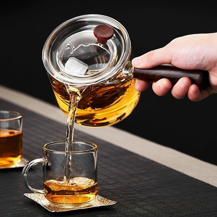 Ceainic din sticlă borosilicat de înaltă rezistență, cu mâner lateral, set pentru prepararea ceaiului cu infuzor și strecurător