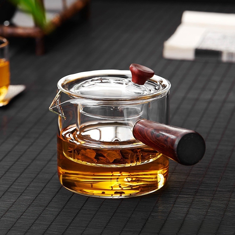 Ceainic din sticlă borosilicat de înaltă rezistență, cu mâner lateral, set pentru prepararea ceaiului cu infuzor și strecurător