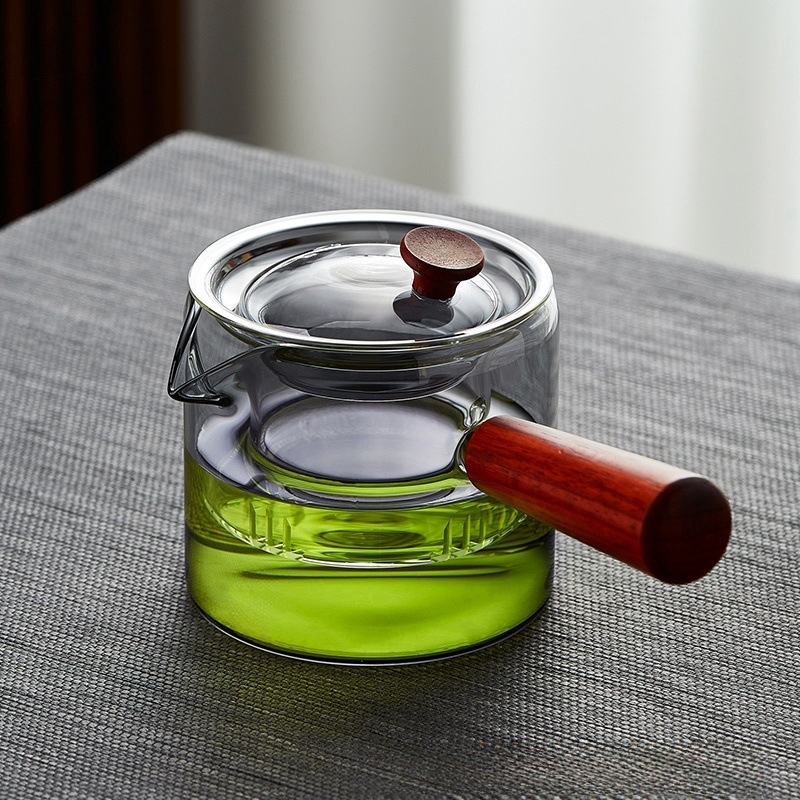 Ceainic din sticlă borosilicat de înaltă rezistență, cu mâner lateral, set pentru prepararea ceaiului cu infuzor și strecurător