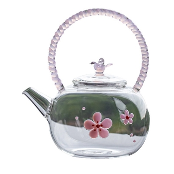 Ceainic din sticlă rezistentă la căldură cu model spiral, roz cu flori, ceainic pentru infuzarea ceaiului, set elegant de ceai pentru uz casnic pentru femei