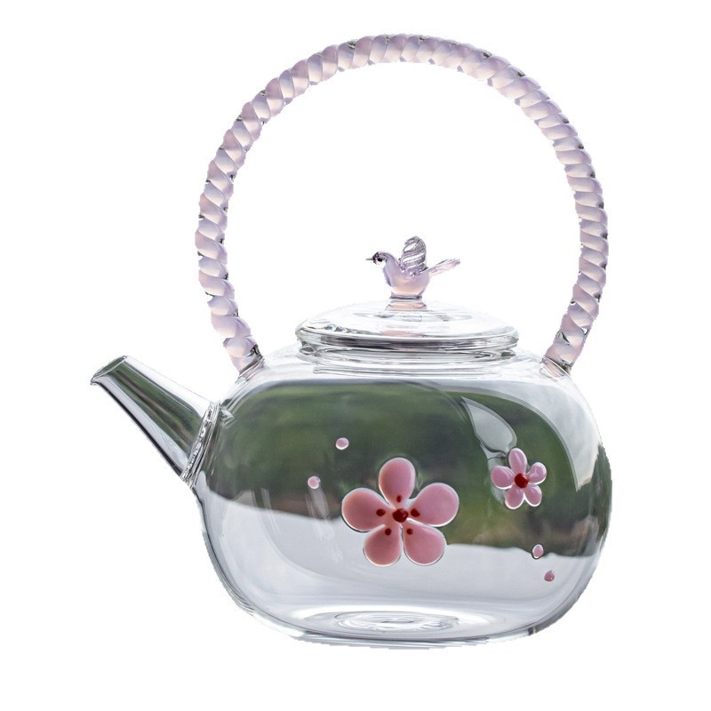 Ceainic din sticlă rezistentă la căldură cu model spiral, roz cu flori, ceainic pentru infuzarea ceaiului, set elegant de ceai pentru uz casnic pentru femei