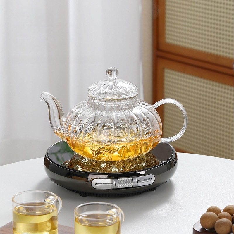 Ceainic cu model floral, design simplu, formă de dovleac, filtrare la temperatură înaltă, sticlă borosilikat, corp gros