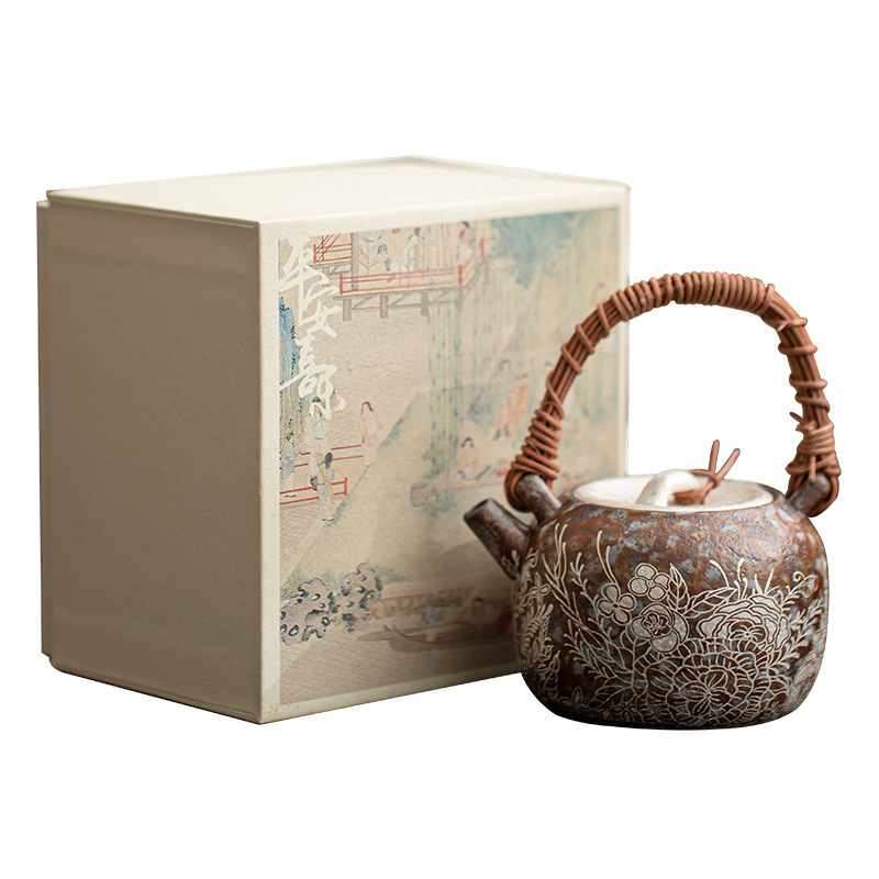Ceainic din ceramică cu model floral și finisaj argintiu, mâner din ratán, lux retro pentru uz casnic, set Gongfu ceai, o cană