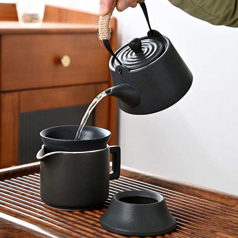 Set Gongfu de ceai din ceramică neagră, stil japonez, ceainic și cești, cutie cadou, personalizabil