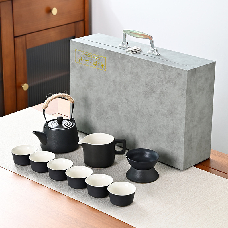 Set Gongfu de ceai din ceramică neagră, stil japonez, ceainic și cești, cutie cadou, personalizabil