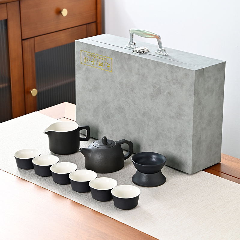 Set Gongfu de ceai din ceramică neagră, stil japonez, ceainic și cești, cutie cadou, personalizabil