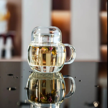 Ceainic mini pentru o singură persoană cu infuzare separată, din sticlă borosilicată, set de trei cești, pentru casă și birou