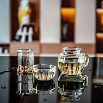 Ceainic mini pentru o singură persoană cu infuzare separată, din sticlă borosilicată, set de trei cești, pentru casă și birou