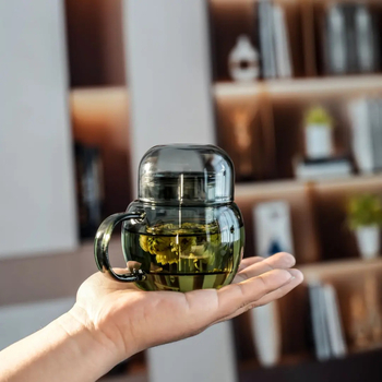 Ceainic mini pentru o singură persoană cu infuzare separată, din sticlă borosilicată, set de trei cești, pentru casă și birou