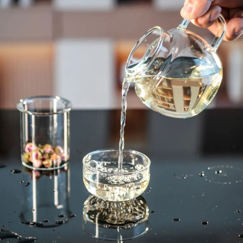 Ceainic mini pentru o singură persoană cu infuzare separată, din sticlă borosilicată, set de trei cești, pentru casă și birou