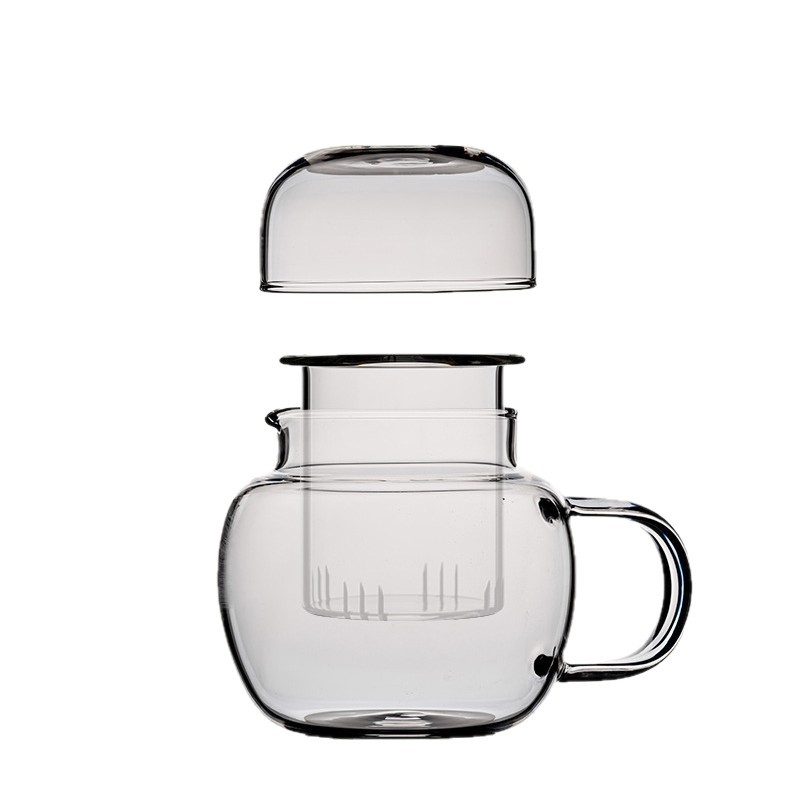 Ceainic mini pentru o singură persoană cu infuzare separată, din sticlă borosilicată, set de trei cești, pentru casă și birou