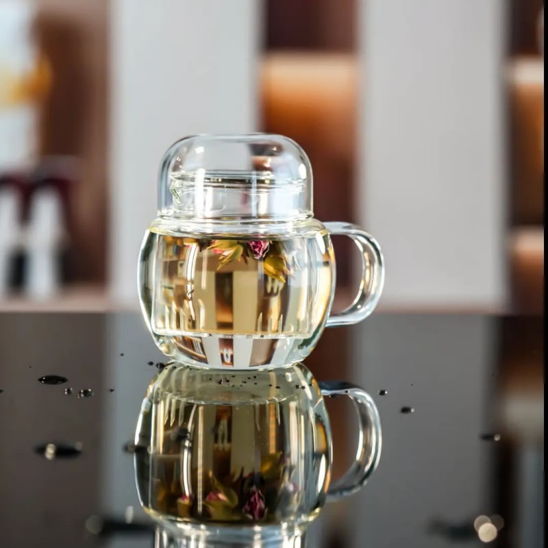 Ceainic mini pentru o singură persoană cu infuzare separată, din sticlă borosilicată, set de trei cești, pentru casă și birou