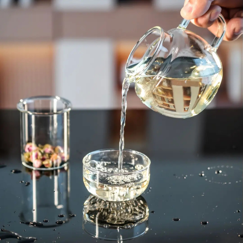 Ceainic mini pentru o singură persoană cu infuzare separată, din sticlă borosilicată, set de trei cești, pentru casă și birou